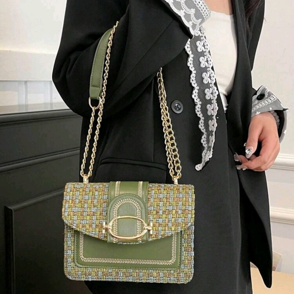 BRAND NEW ** Green Tweed Chain Strap Women's Bag - Picture 3 of 5